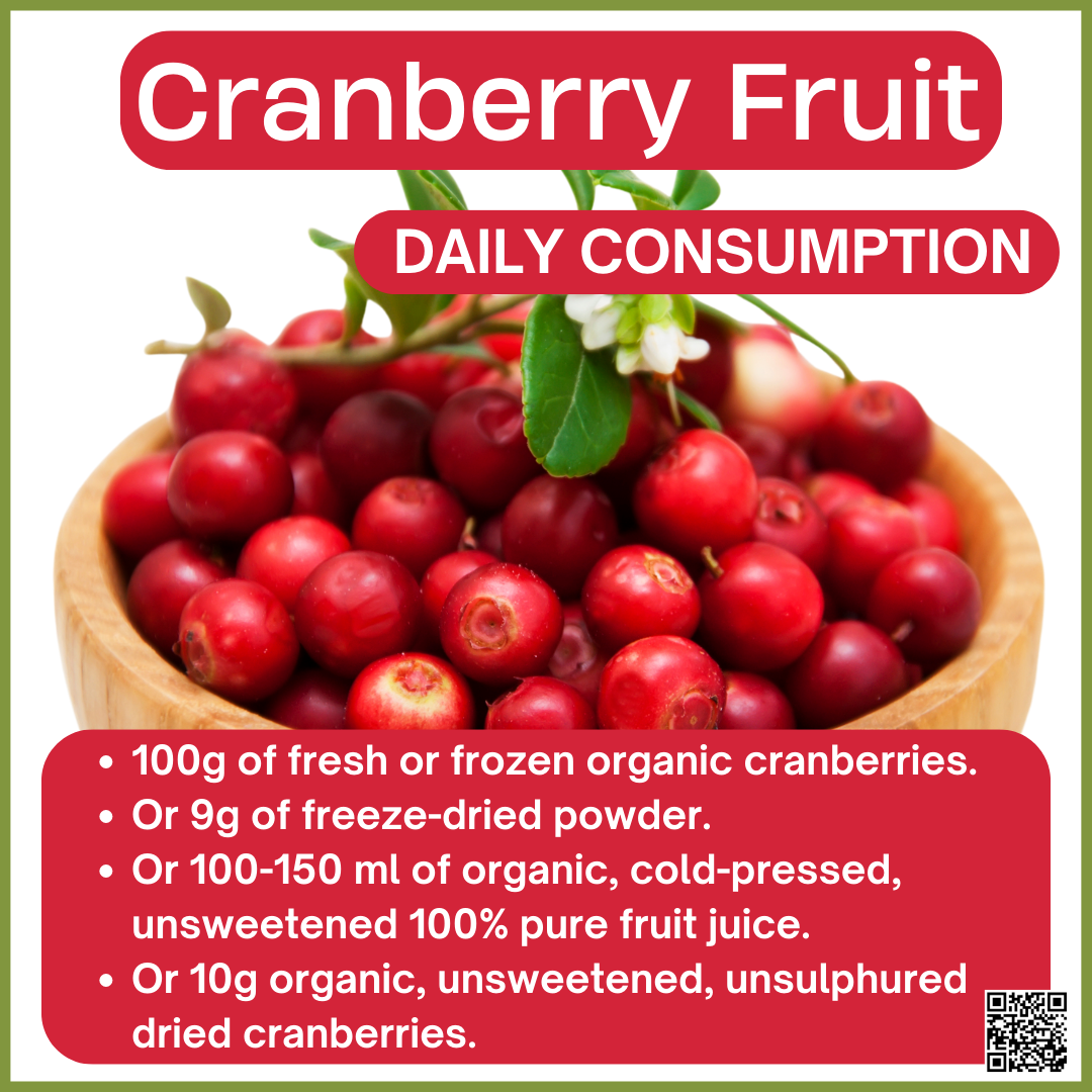 Depending on the type of cranberries you consume, the daily recommended amounts are: • 100g of raw organic, cranberries (fresh or frozen). • That’s equivalent to roughly 9g of freeze-dried whole cranberry powder (≅2 flat tsp). • 100-150 ml of organic, cold-pressed, unsweetened 100% cranberry fruit juice. • 10g organic, unsweetened, unsulphured dried cranberries.